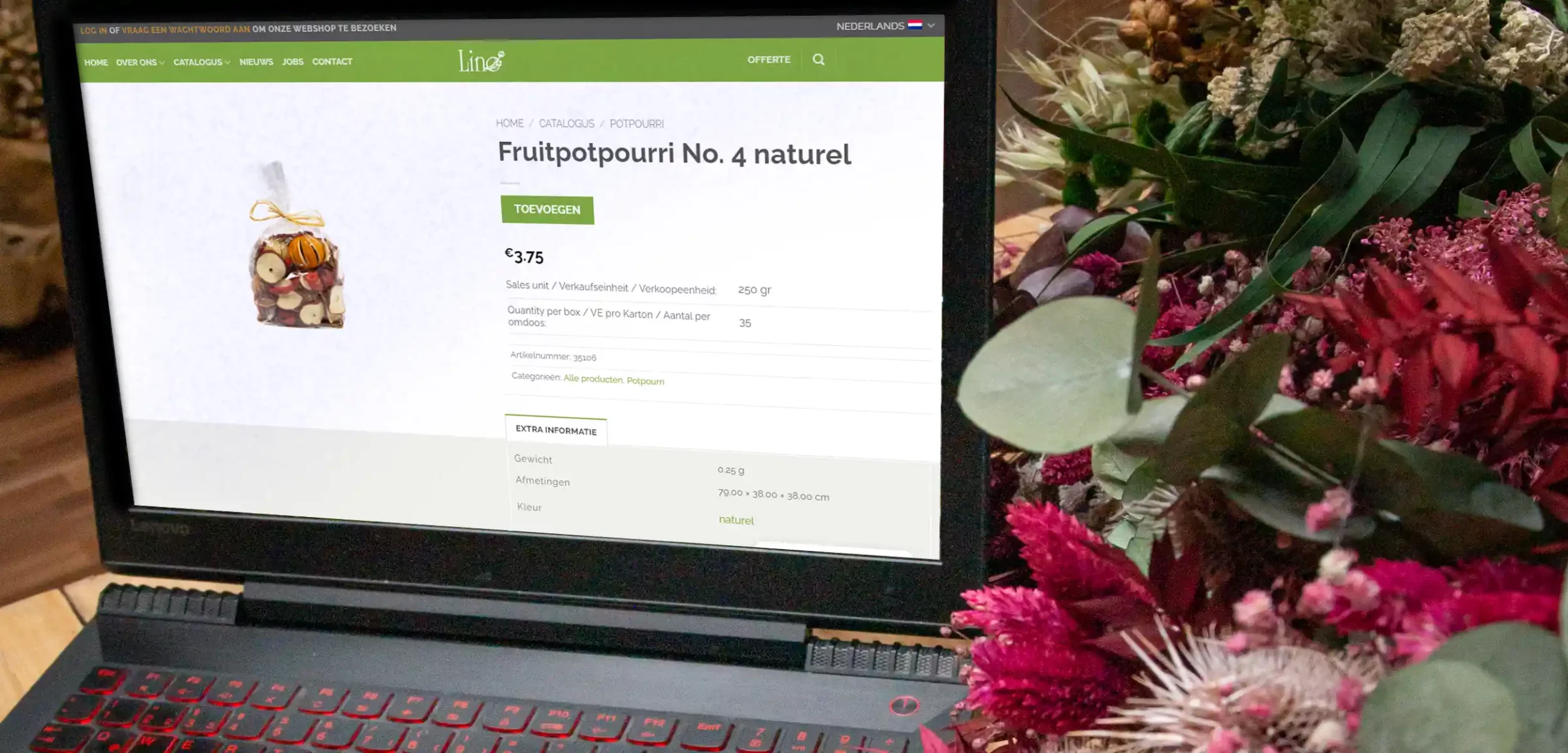 Afbeelding van de webshop te zien op een laptop omringd door droogbloemen.